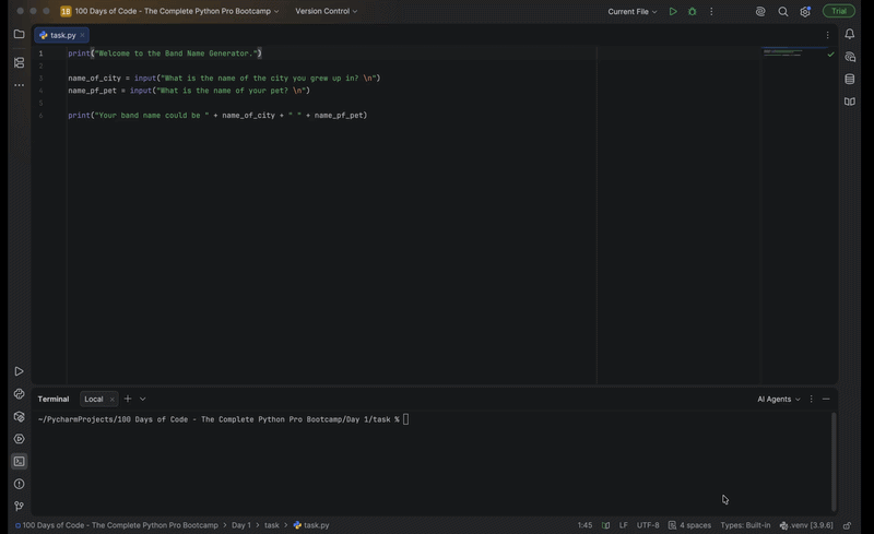 Terminal demo of the Band Name Generator asking for a city and a pet name, then printing the resulting band name