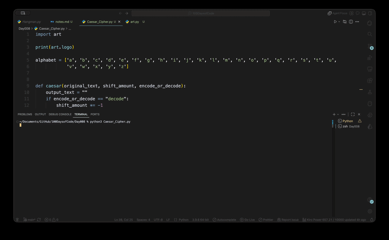 Terminal demo of the Caesar Cipher tool encoding and decoding a message using a letter shift
