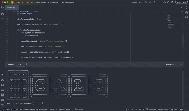 Terminal demo of the Calculator performing a chain of operations on a running total