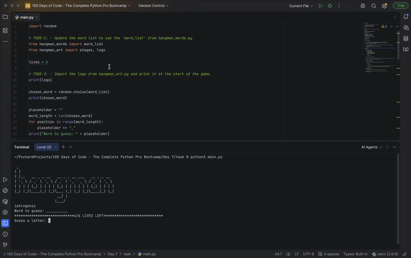 Terminal demo of the Hangman game, showing letters being guessed and the ASCII art updating as lives are lost