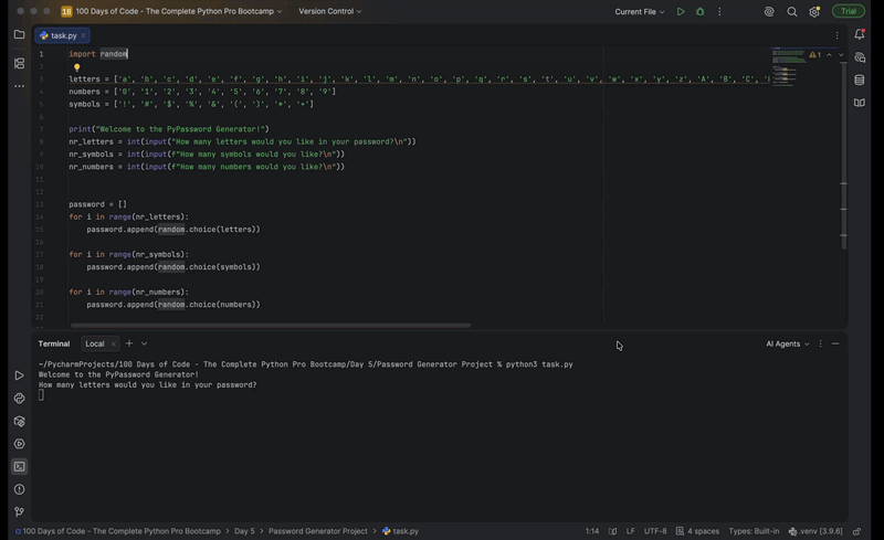 Terminal demo of the Password Generator asking for the number of letters, symbols, and numbers, then printing the generated password