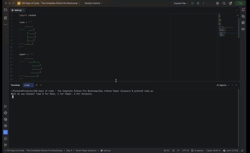 Terminal demo of Rock, Paper, Scissors showing the player's choice, the computer's random choice, and the result