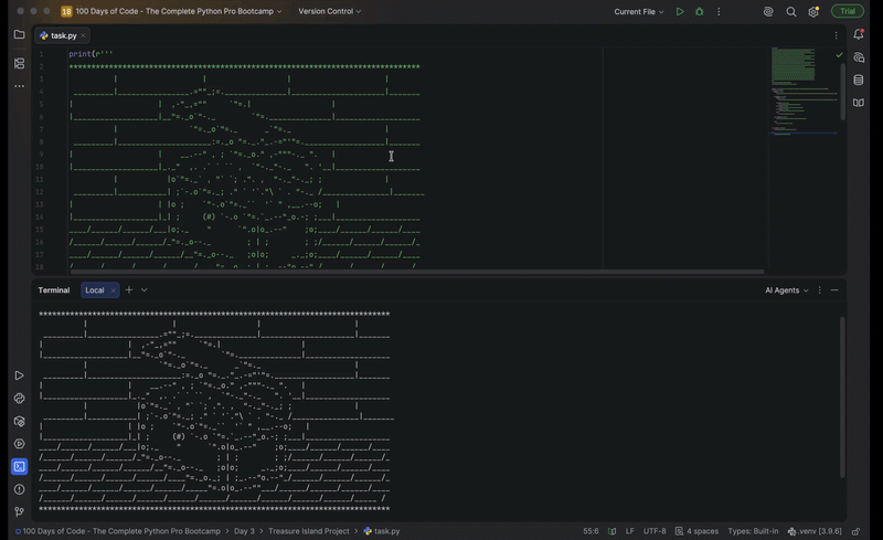 Terminal demo of the Treasure Island game, showing the player choosing paths at each prompt until reaching an ending